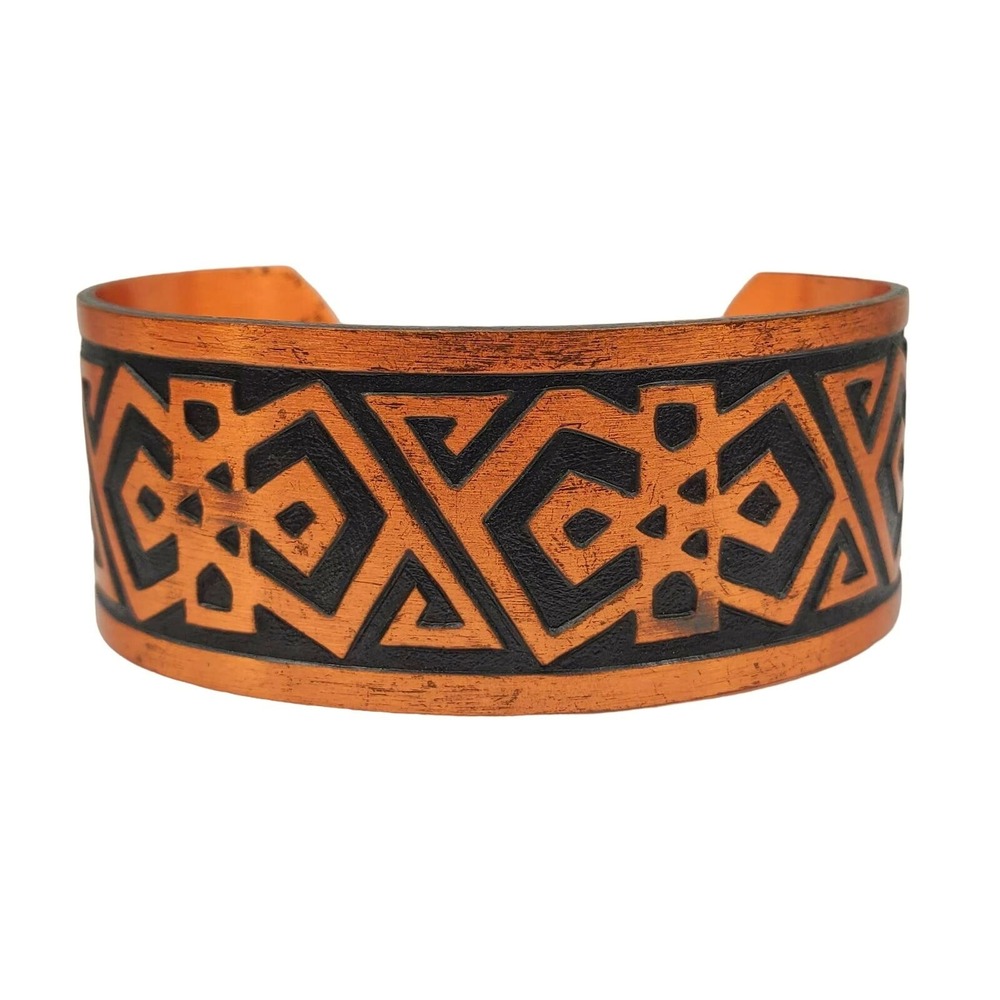 Solid Copper Cuff Bracelet Black Stamped‎ Tribal Boho Style Vintage Bangle Wide